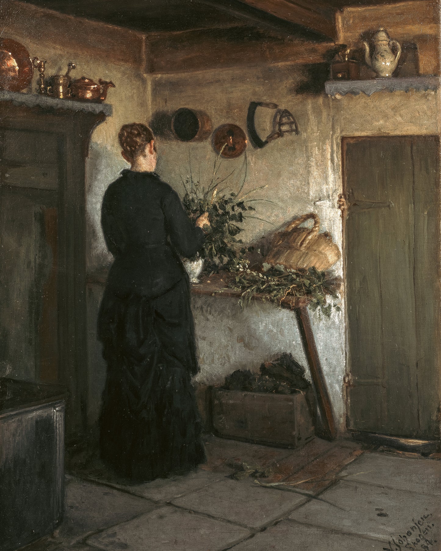 Kitchen Interior - The Artist's Wife Arranging Flowers