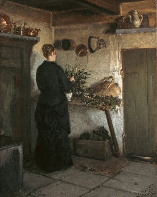 Kitchen Interior - The Artist's Wife Arranging Flowers